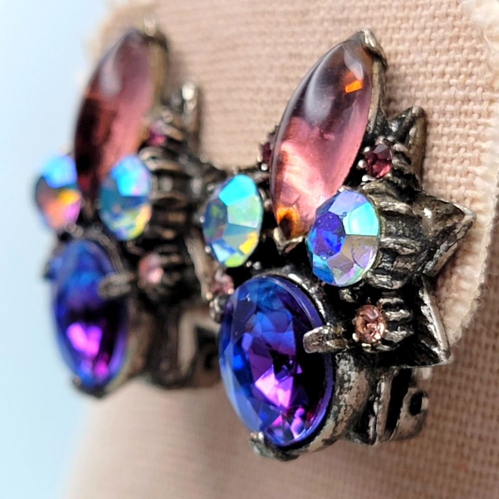 Vtg Florenza Purple Givre Jelly AB Rhinestone Silvertone Clip-On earrings